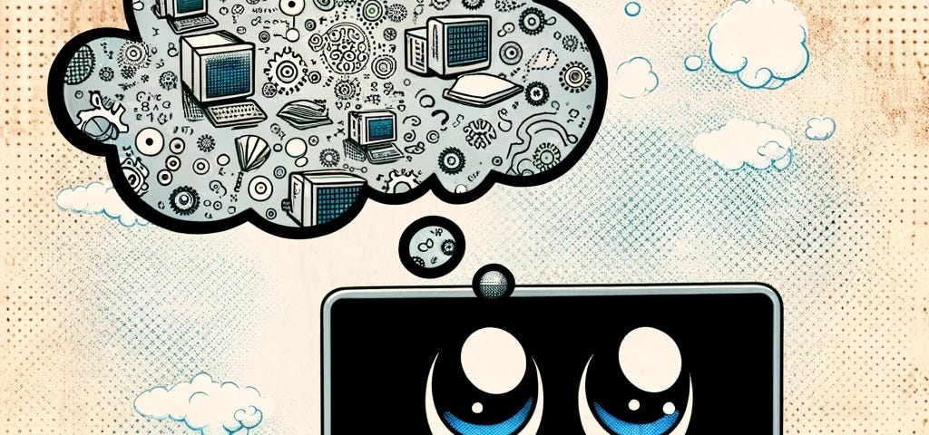 IMAGE: An illustration of a computer personified as daydreaming at a desk, capturing the whimsical idea of a computer engaging in human-like thought, complete with thought bubbles containing abstract symbols related to a generative algorithm’s process