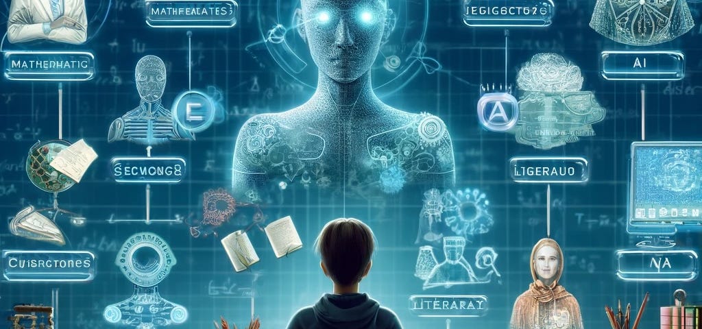 IMAGE: A student at a desk surrounded by several personalized artificial intelligence algorithms, each represented as a holographic figure teaching different subjects in a futuristic classroom. This scene conveys a dynamic and interactive learning environment enhanced by technology
