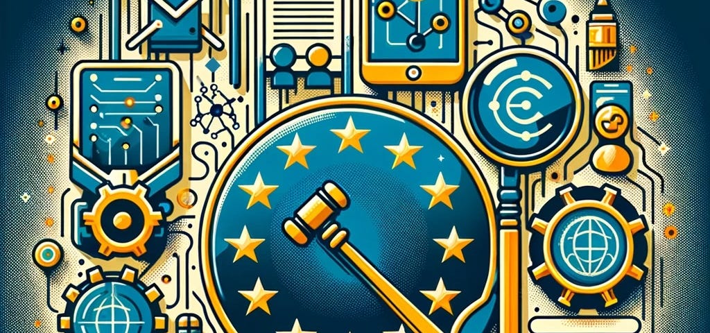 IMAGE: An illustration representing the European Union’s fondness for technology regulation, featuring symbols of the EU combined with elements of technology and regulation