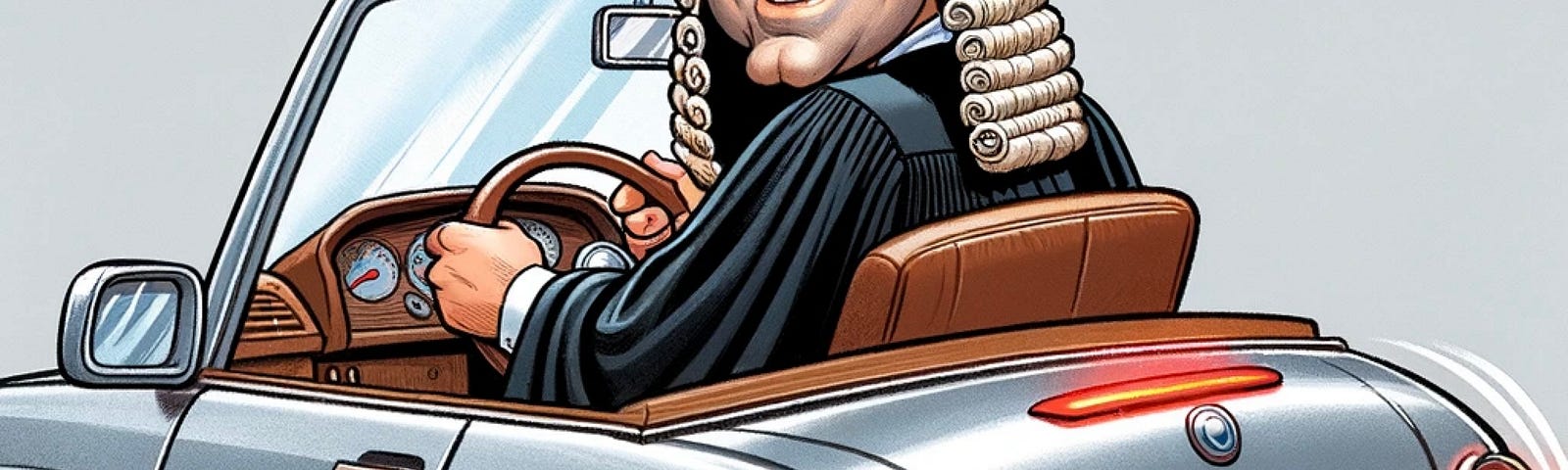 IMAGE: A cartoon illustration of a judge driving a car in reverse, complete with the traditional robe and wig, while the Telegram paper plane logo flies around