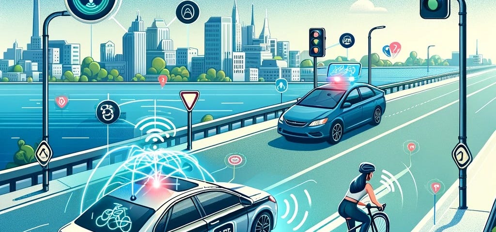 IMAGE: An illustration explaining C-V2X (Cellular Vehicle-to-Everything) technology and its use in preventing car accidents involving cyclists. It depicts a scenario where a car equipped with C-V2X technology communicates with a nearby cyclist, enhancing safety and technological innovation in traffic management
