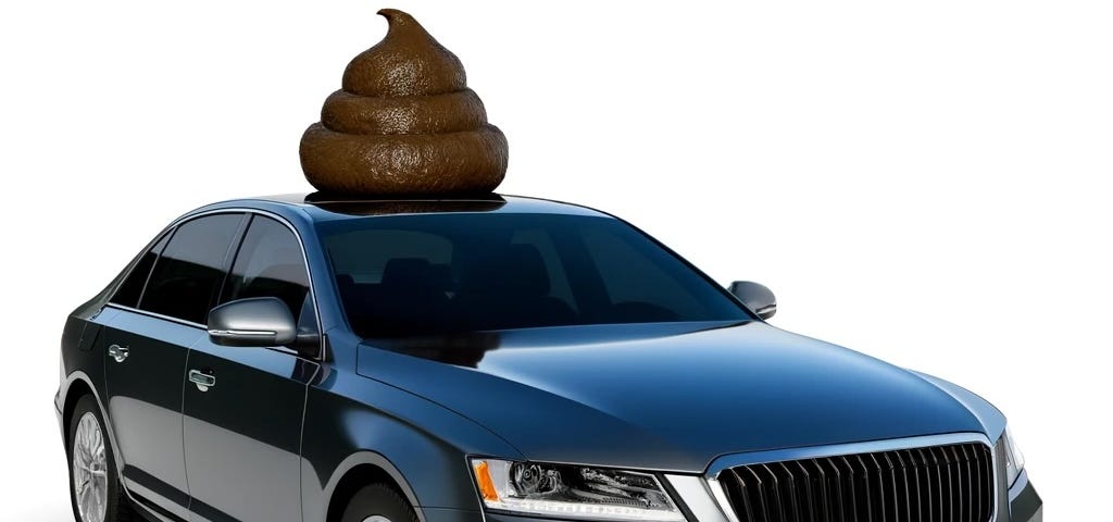 IMAGE: A hyper-realistic illustration of a new, shiny car with a large, visible pile of poo on top