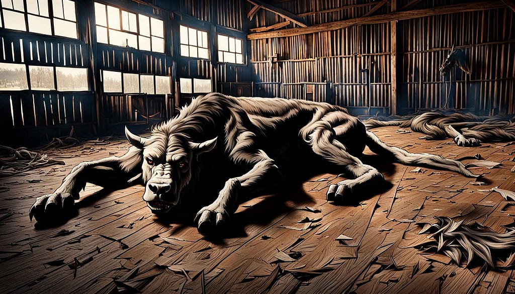 beast lies dead on barn floor