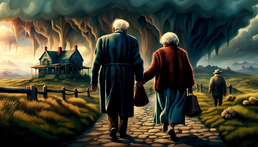 Old couple walking at dusk