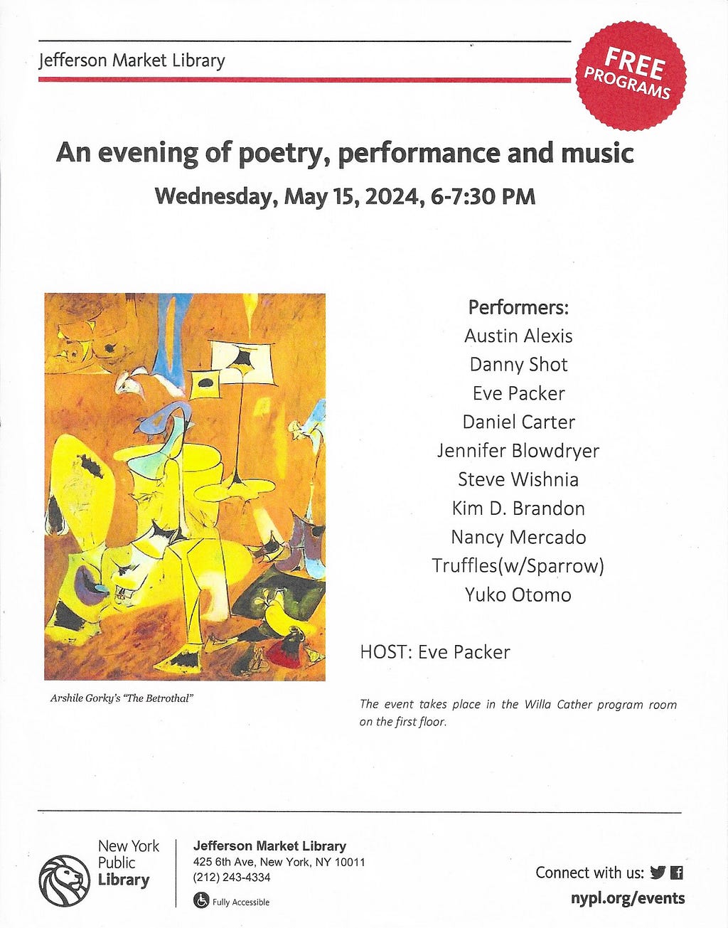 Library flyer advertising a music and poetry night